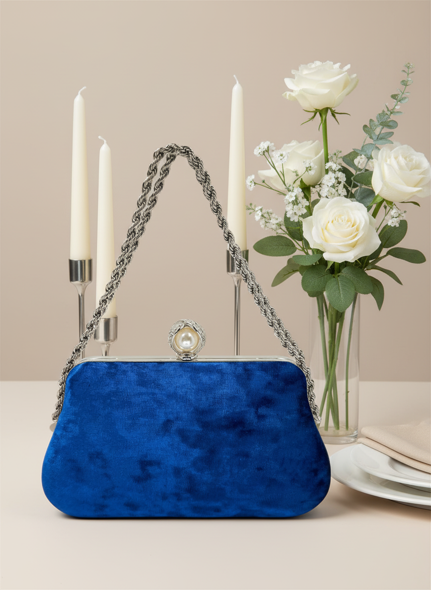 Lüks Kadife Zincir Ve İnci İşlemeli Abiye Çanta | Gece ve Düğün Çantası