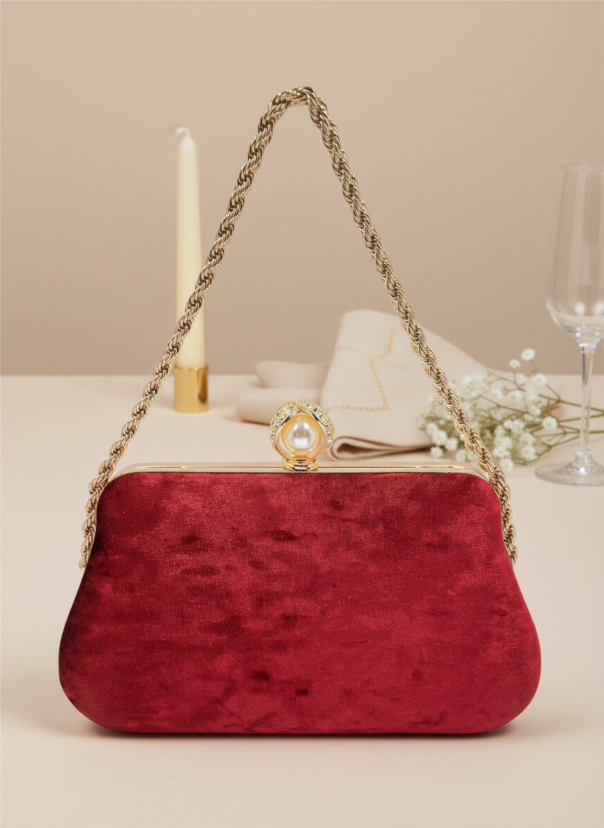 Lüks Kadife Zincir Ve İnci İşlemeli Abiye Çanta | Gece ve Düğün Çantası