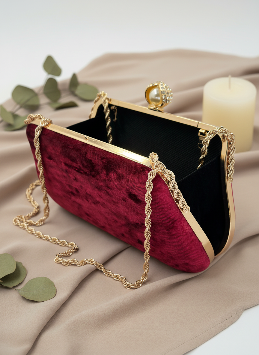 Lüks Kadife Zincir Ve İnci İşlemeli Abiye Çanta | Gece ve Düğün Çantası