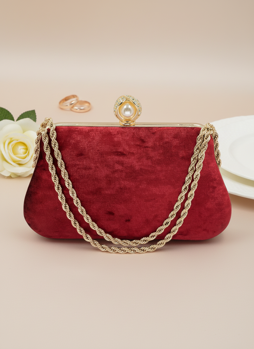 Lüks Kadife Zincir Ve İnci İşlemeli Abiye Çanta | Gece ve Düğün Çantası