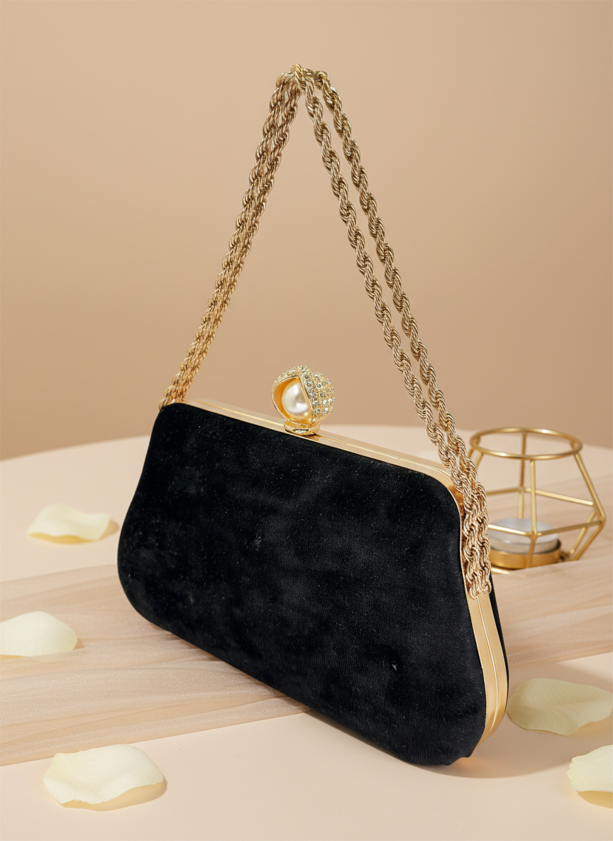 Lüks Kadife Zincir Ve İnci İşlemeli Abiye Çanta | Gece ve Düğün Çantası