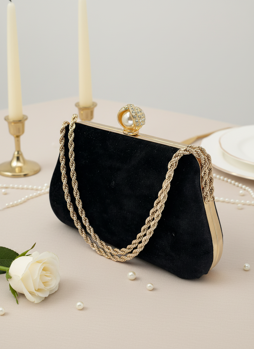 Lüks Kadife Zincir Ve İnci İşlemeli Abiye Çanta | Gece ve Düğün Çantası