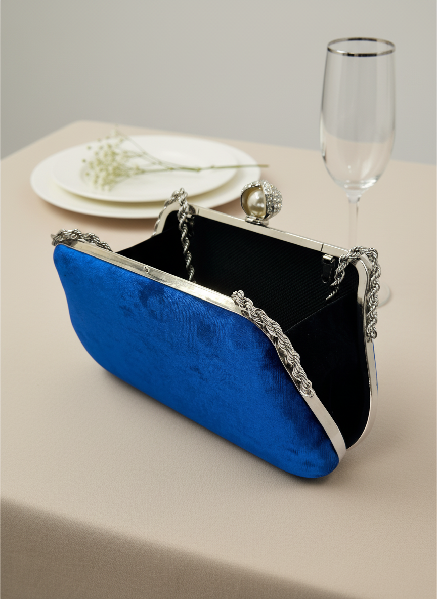 Lüks Kadife Zincir Ve İnci İşlemeli Abiye Çanta | Gece ve Düğün Çantası