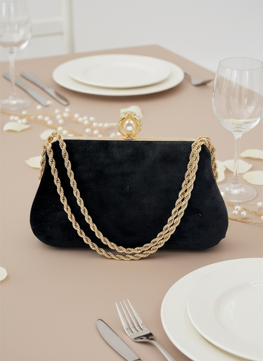 Lüks Kadife Zincir Ve İnci İşlemeli Abiye Çanta | Gece ve Düğün Çantası