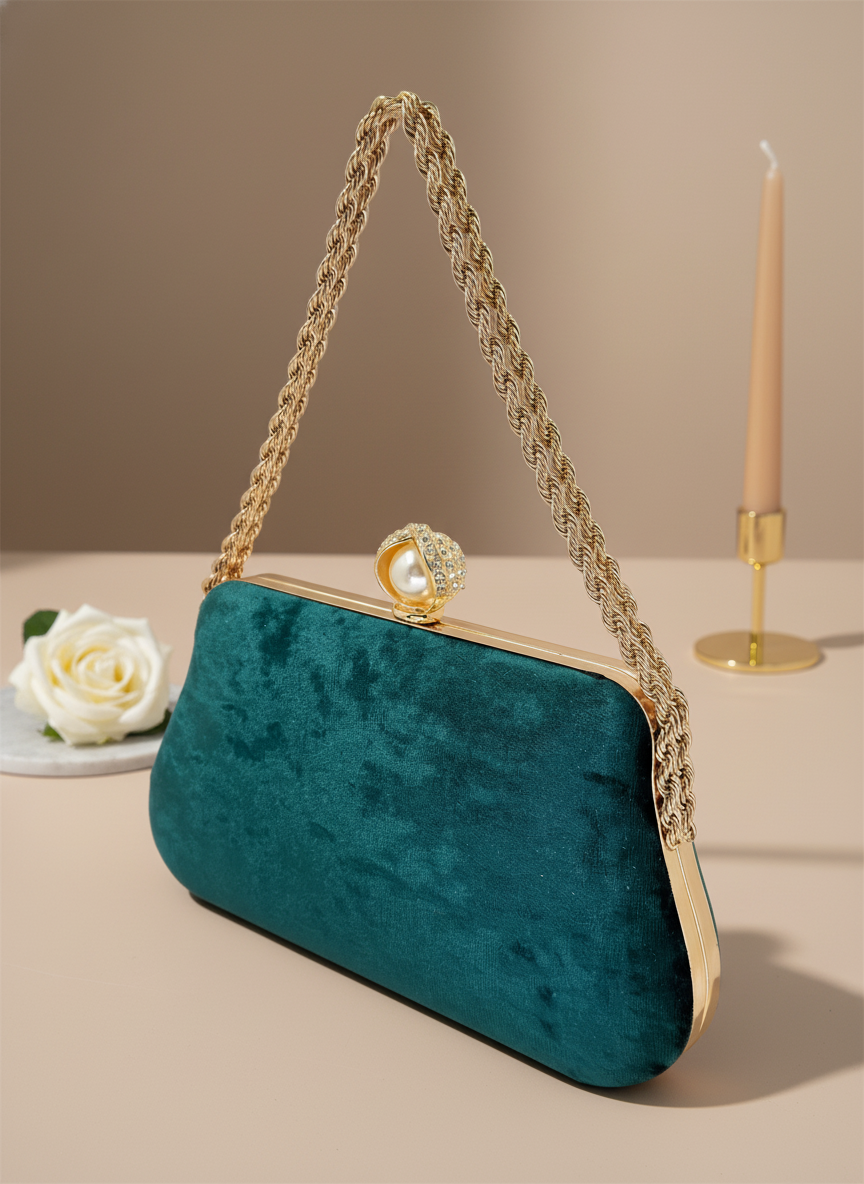 Lüks Kadife Zincir Ve İnci İşlemeli Abiye Çanta | Gece ve Düğün Çantası