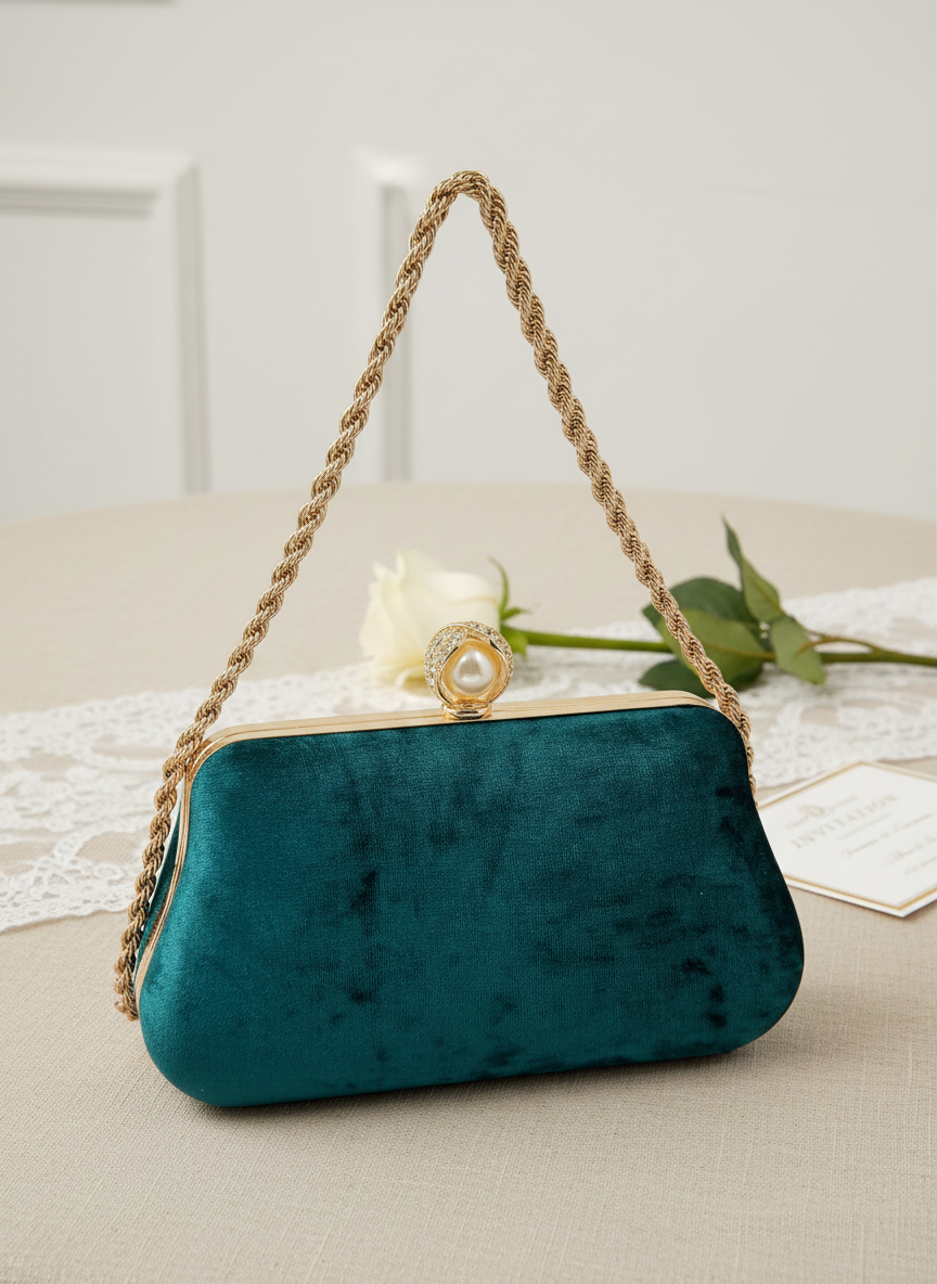 Lüks Kadife Zincir Ve İnci İşlemeli Abiye Çanta | Gece ve Düğün Çantası