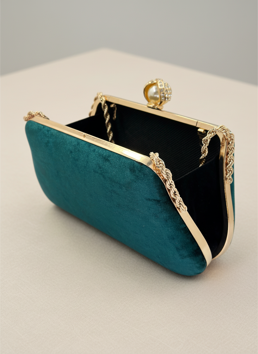 Lüks Kadife Zincir Ve İnci İşlemeli Abiye Çanta | Gece ve Düğün Çantası