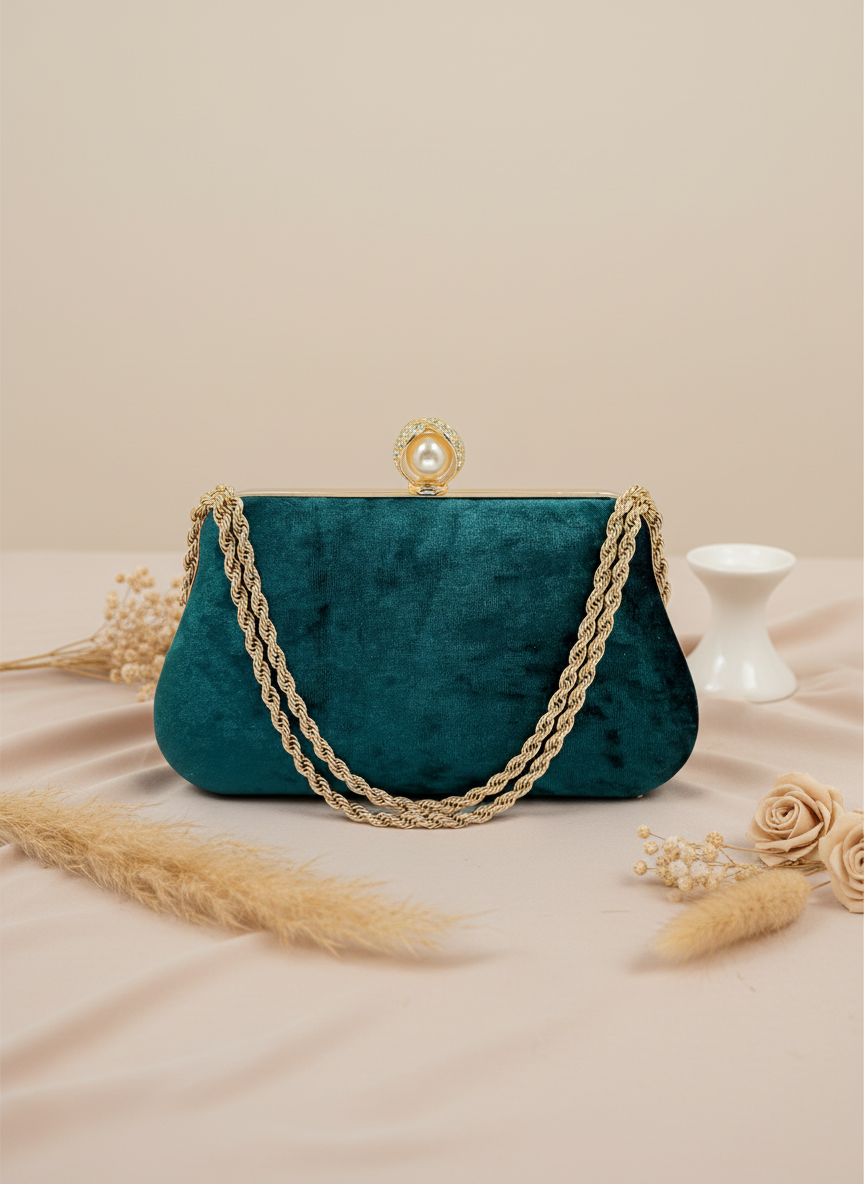 Lüks Kadife Zincir Ve İnci İşlemeli Abiye Çanta | Gece ve Düğün Çantası