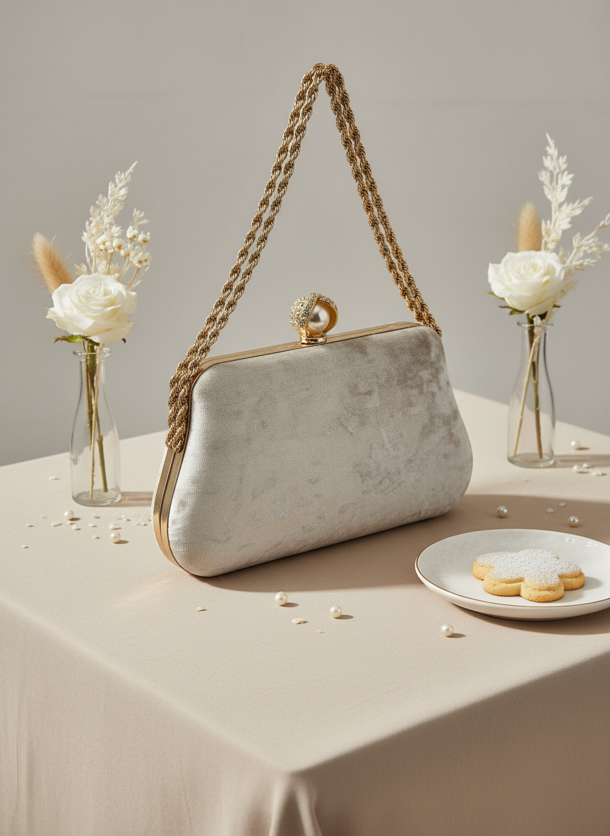 Lüks Kadife Zincir Ve İnci İşlemeli Abiye Çanta | Gece ve Düğün Çantası