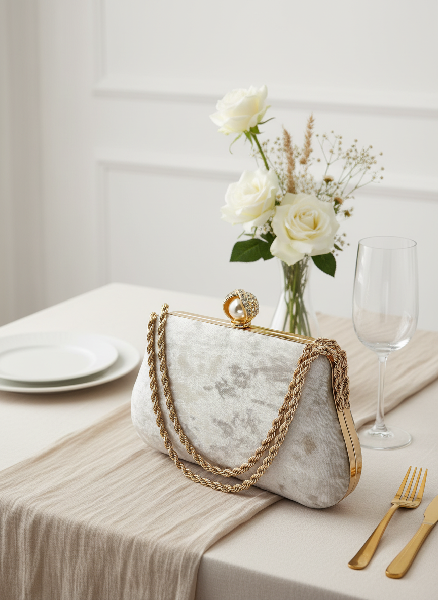 Lüks Kadife Zincir Ve İnci İşlemeli Abiye Çanta | Gece ve Düğün Çantası