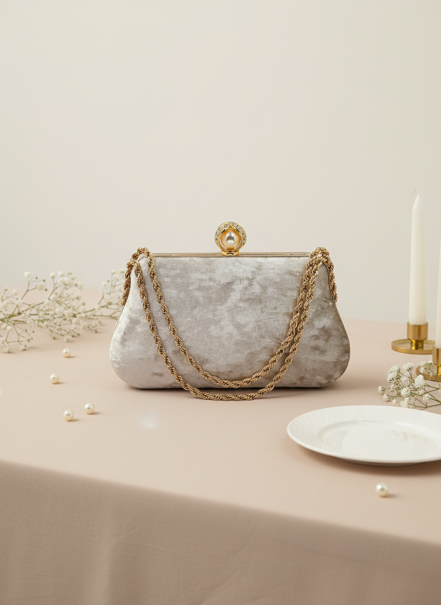 Lüks Kadife Zincir Ve İnci İşlemeli Abiye Çanta | Gece ve Düğün Çantası