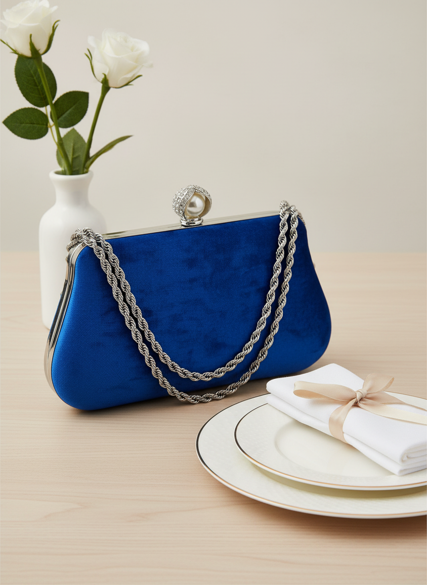 Lüks Kadife Zincir Ve İnci İşlemeli Abiye Çanta | Gece ve Düğün Çantası