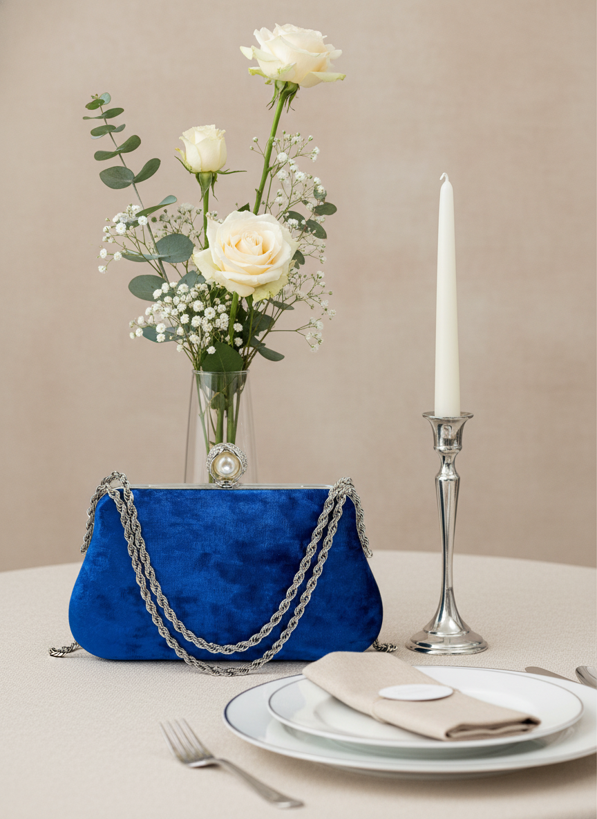 Lüks Kadife Zincir Ve İnci İşlemeli Abiye Çanta | Gece ve Düğün Çantası