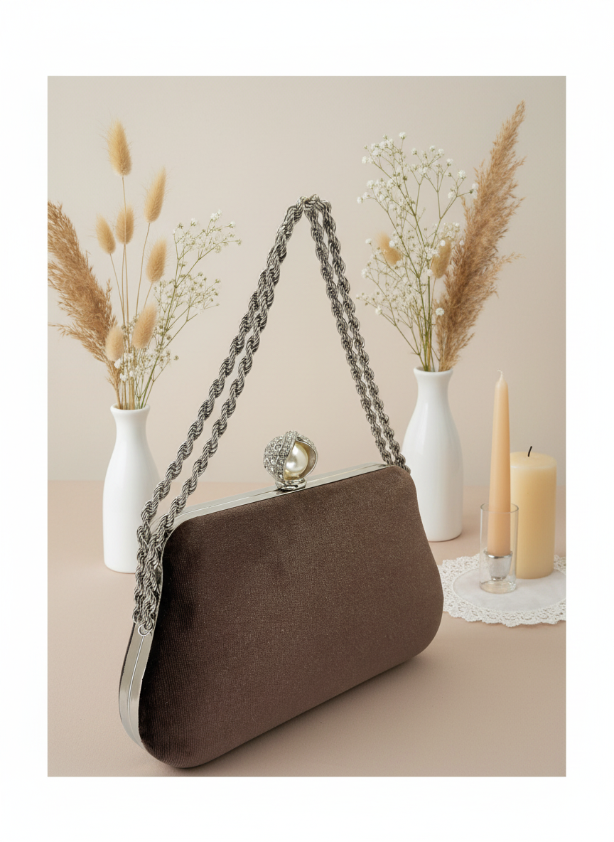 Lüks Kadife Zincir Ve İnci İşlemeli Abiye Çanta | Gece ve Düğün Çantası