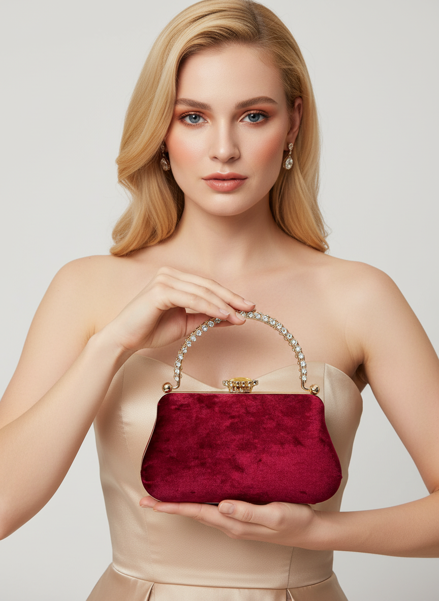 Lüks Kadife İnci İşlemeli Abiye Çanta | Gece ve Düğün Çantası