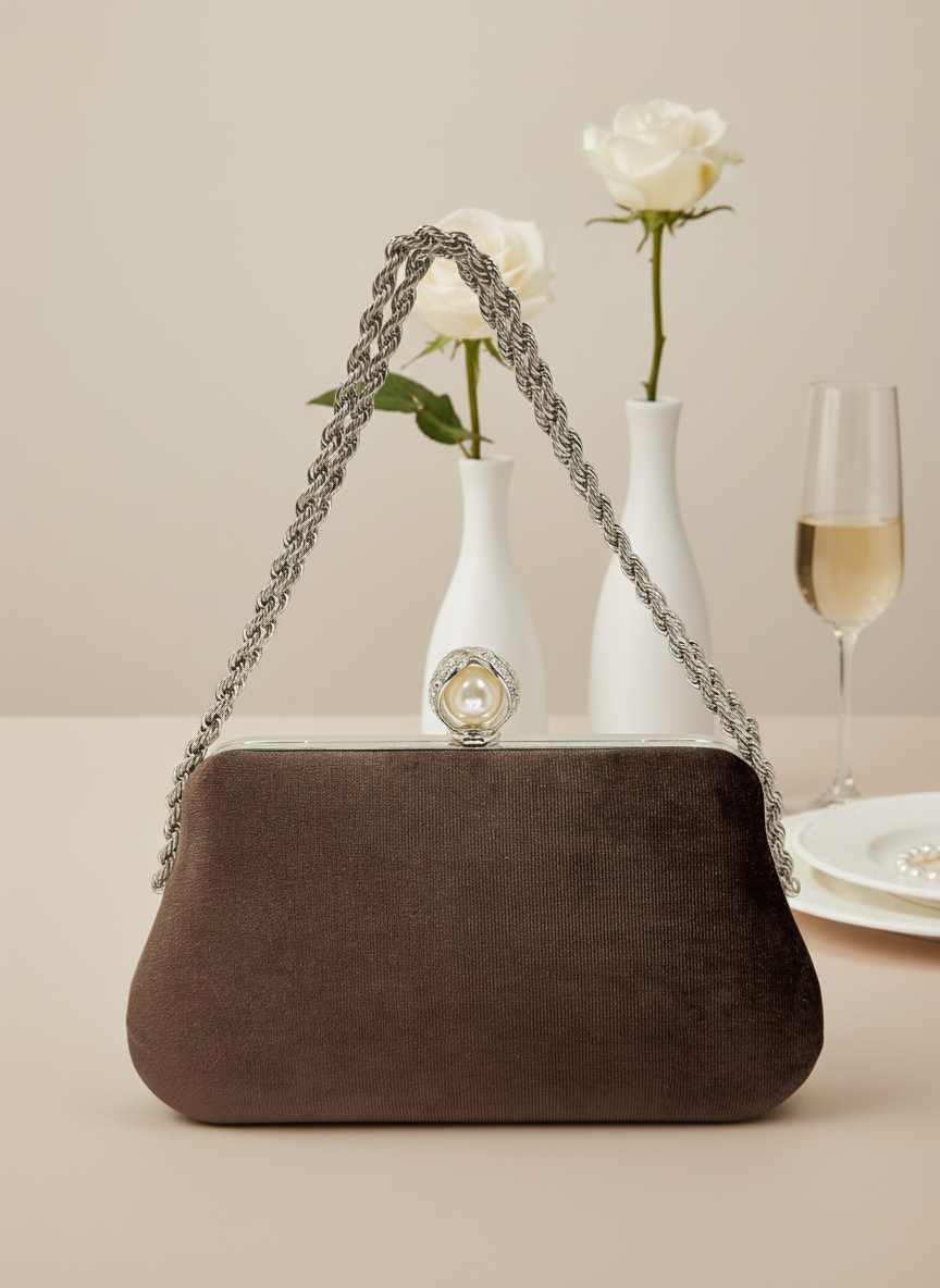 Lüks Kadife Zincir Ve İnci İşlemeli Abiye Çanta | Gece ve Düğün Çantası