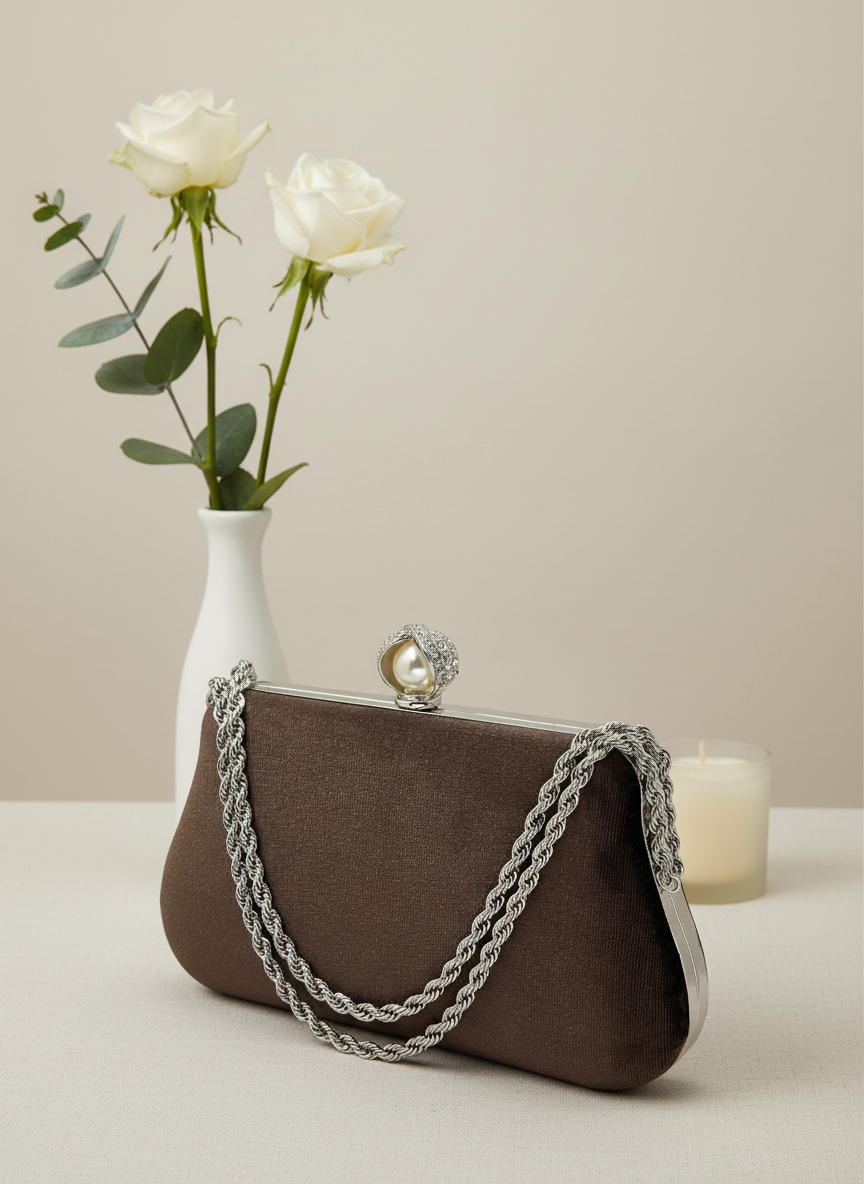 Lüks Kadife Zincir Ve İnci İşlemeli Abiye Çanta | Gece ve Düğün Çantası