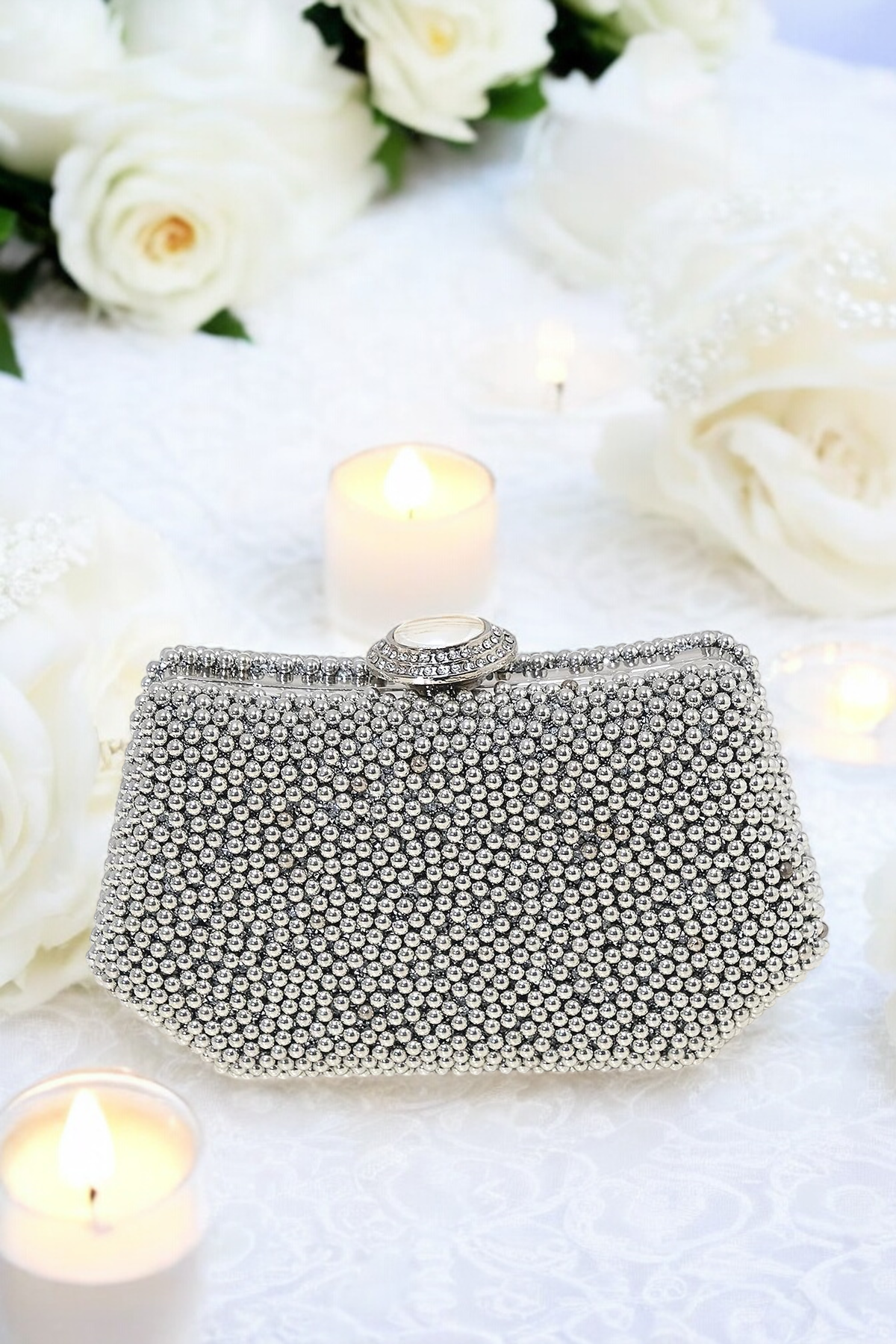 Lüks İnci İşlemeli Abiye Çanta Kadife Gece Clutch 20x12 cm