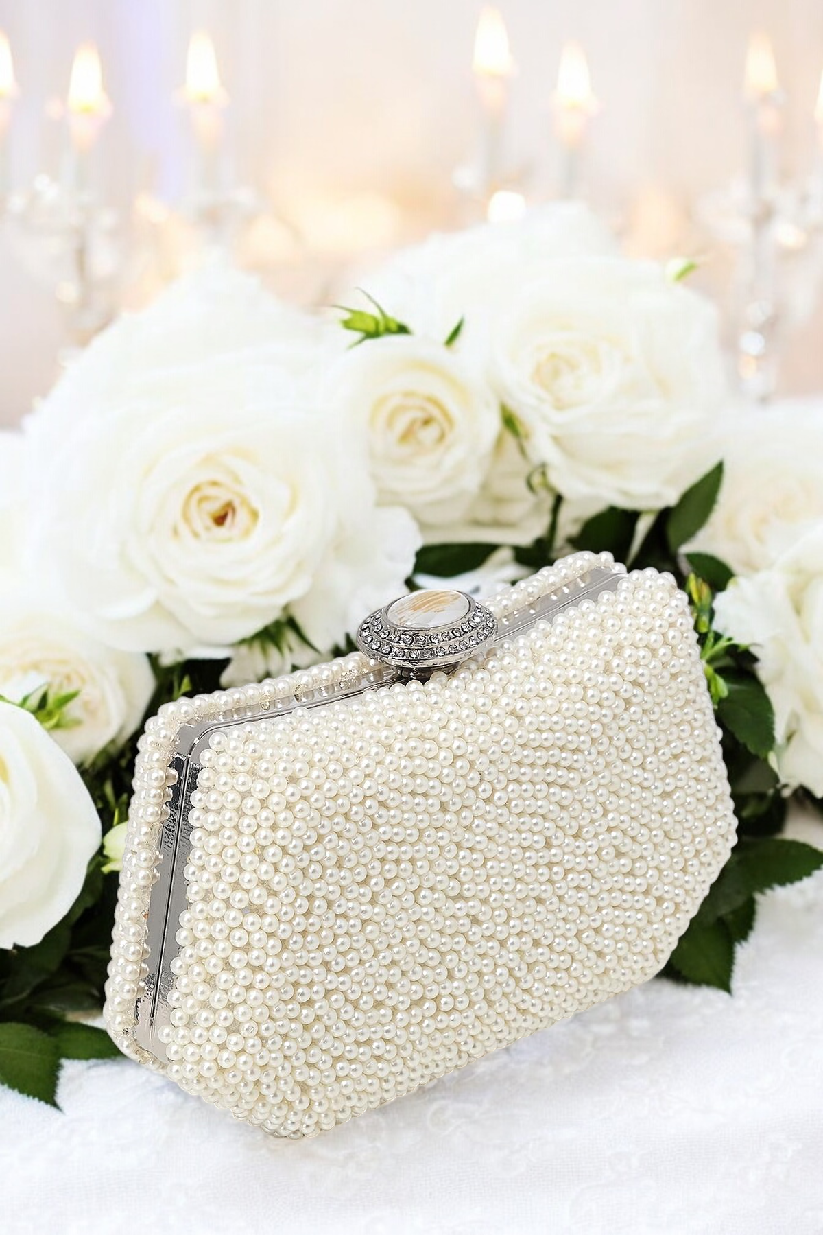 Lüks İnci İşlemeli Abiye Çanta Kadife Gece Clutch 20x12 cm