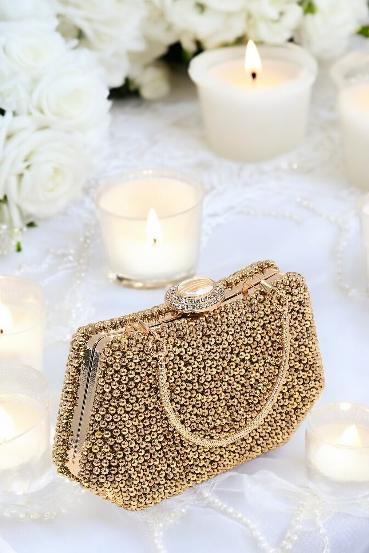 Lüks İnci İşlemeli Abiye Çanta Kadife Gece Clutch 20x12 cm