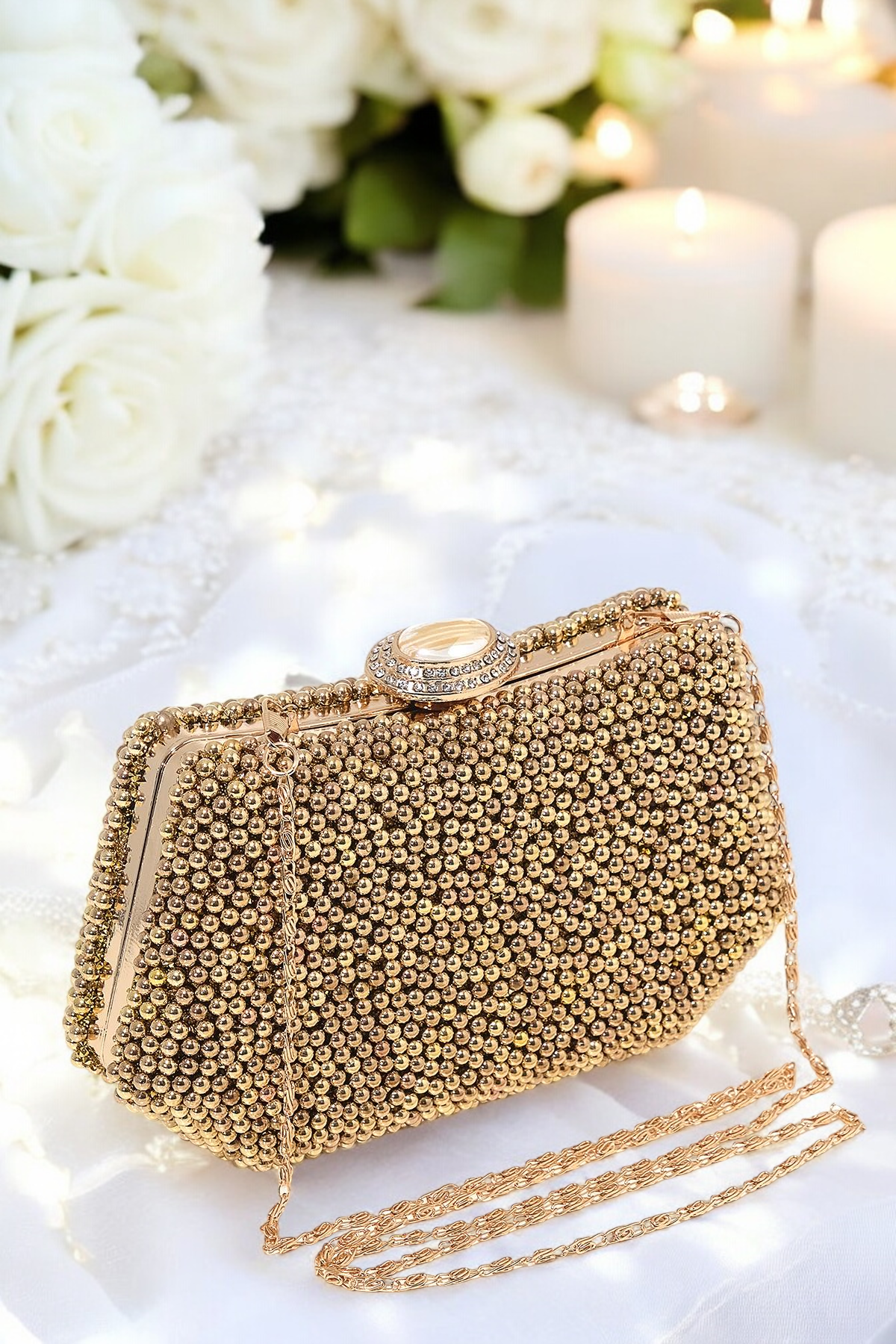 Lüks İnci İşlemeli Abiye Çanta Kadife Gece Clutch 20x12 cm