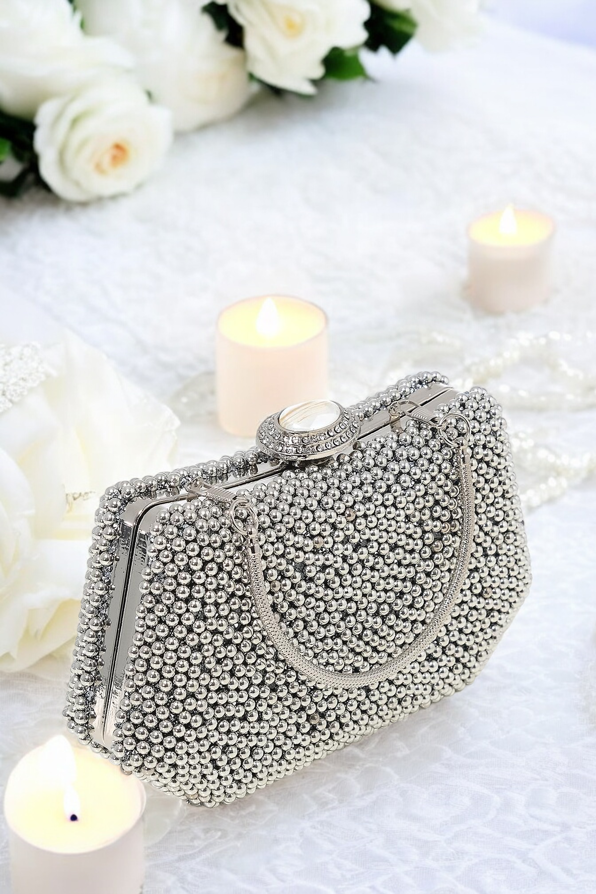Lüks İnci İşlemeli Abiye Çanta Kadife Gece Clutch 20x12 cm