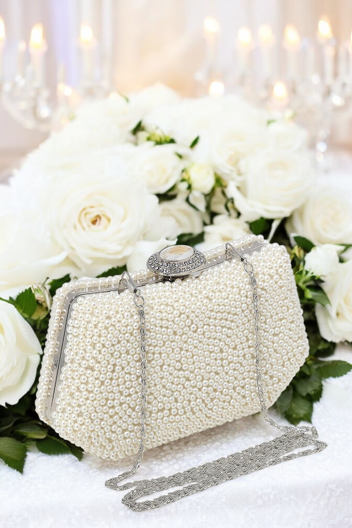 Lüks İnci İşlemeli Abiye Çanta Kadife Gece Clutch 20x12 cm