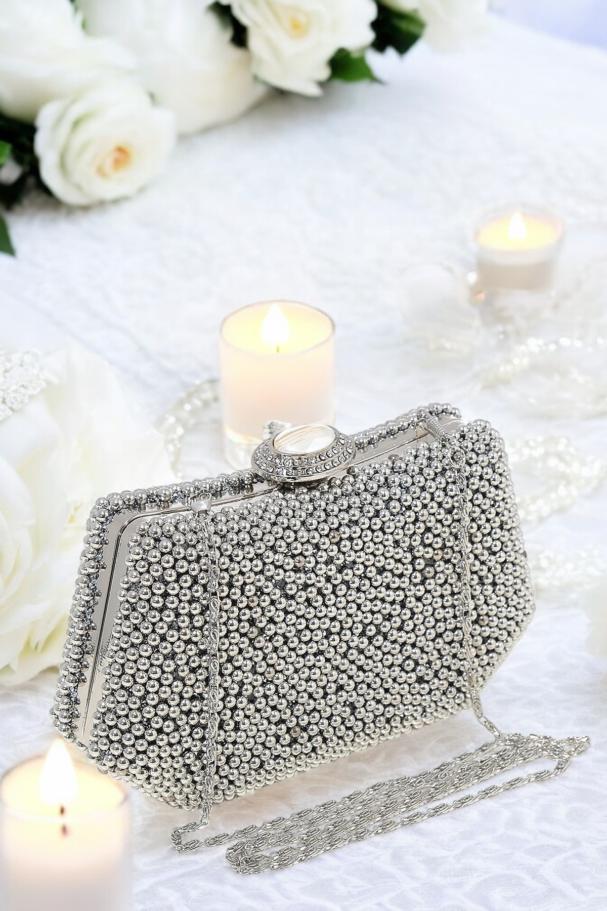 Lüks İnci İşlemeli Abiye Çanta Kadife Gece Clutch 20x12 cm