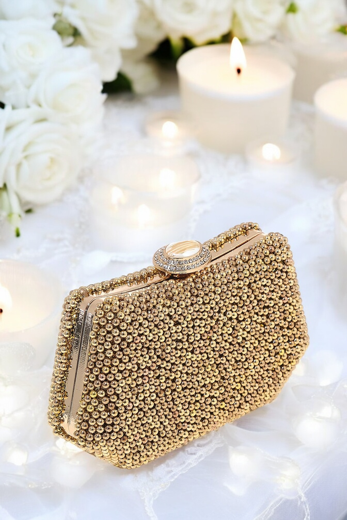Lüks İnci İşlemeli Abiye Çanta Kadife Gece Clutch 20x12 cm