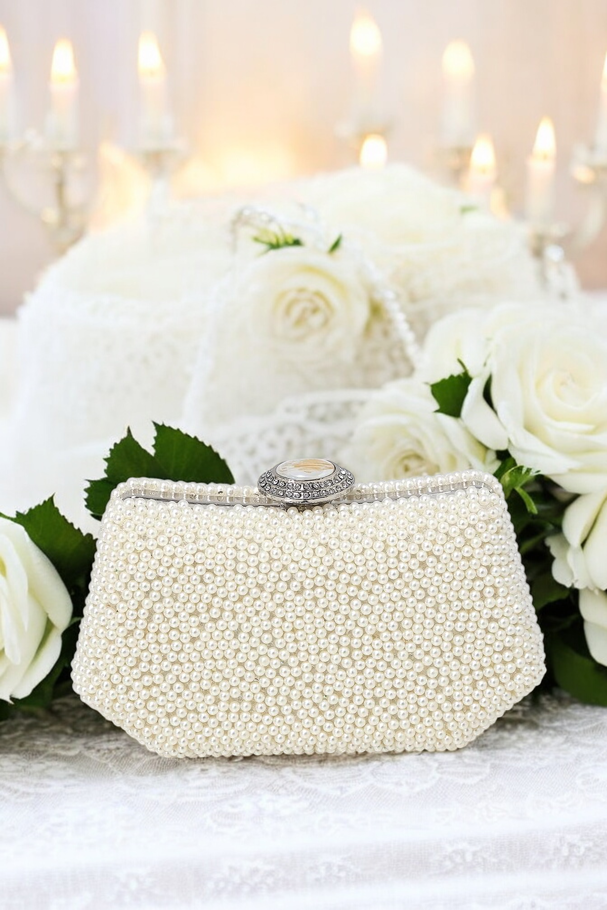 Lüks İnci İşlemeli Abiye Çanta Kadife Gece Clutch 20x12 cm