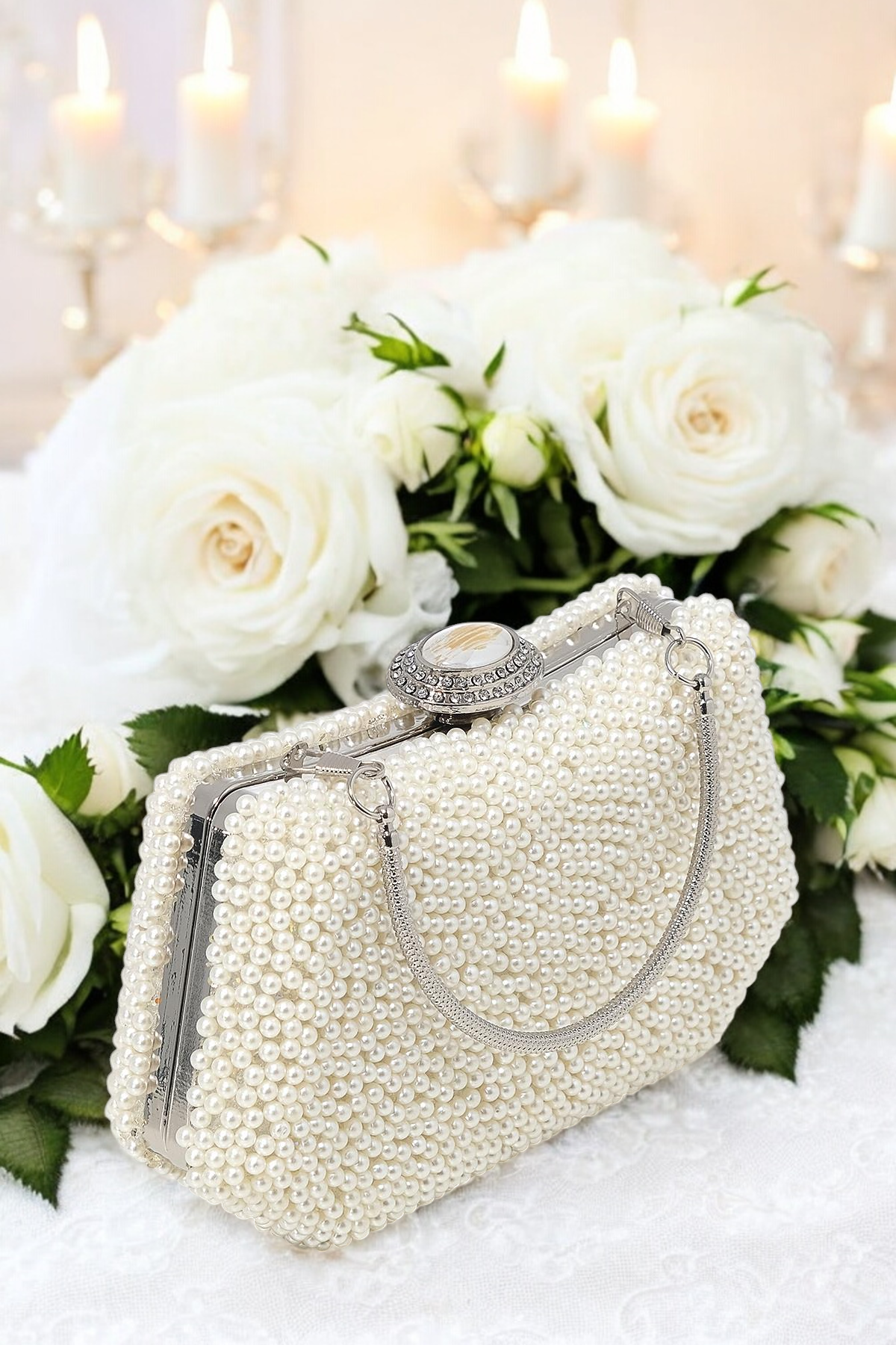 Lüks İnci İşlemeli Abiye Çanta Kadife Gece Clutch 20x12 cm