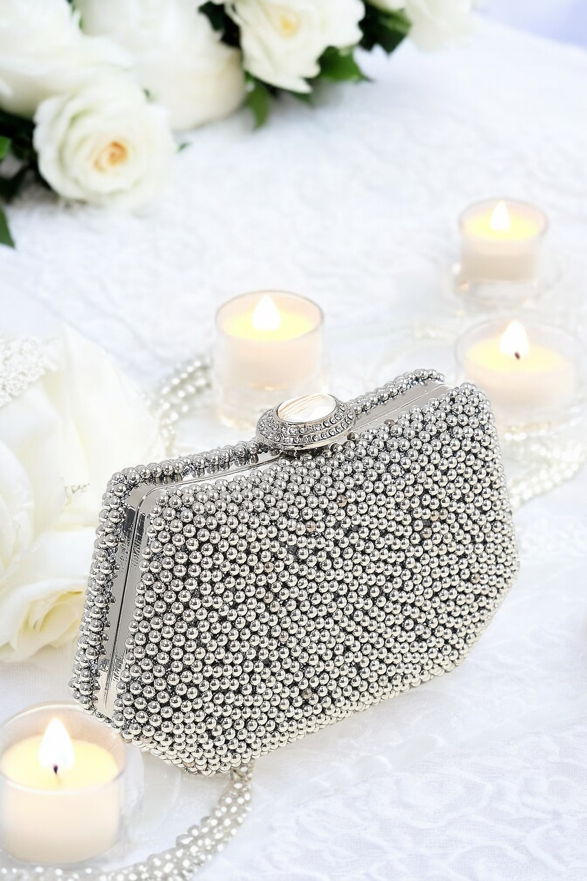 Lüks İnci İşlemeli Abiye Çanta Kadife Gece Clutch 20x12 cm