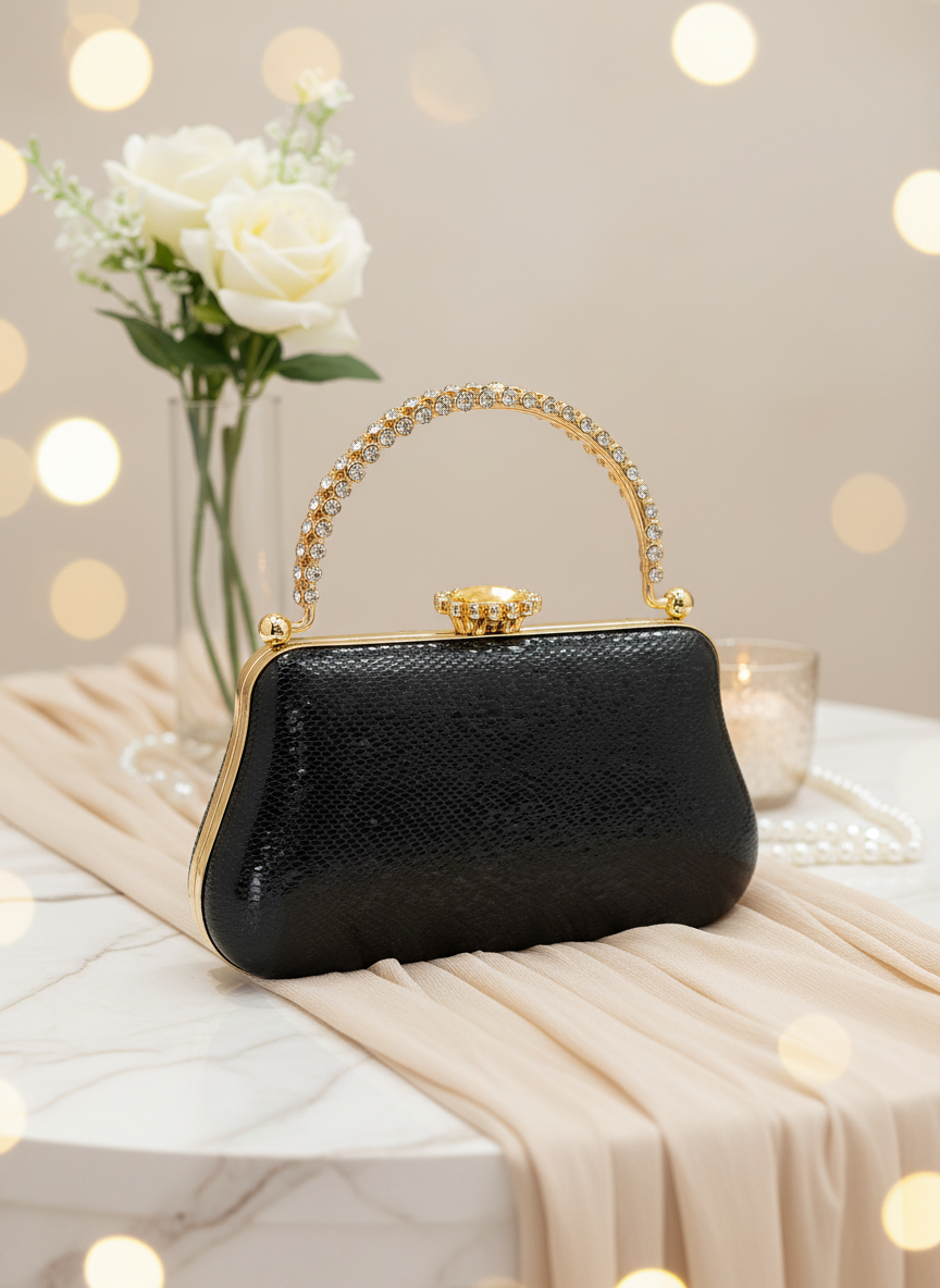 Kristal Desenli Metal Saplı Abiye Çanta | İnci İşlemeli Lüks Gece Clutch ve Düğün Çantası