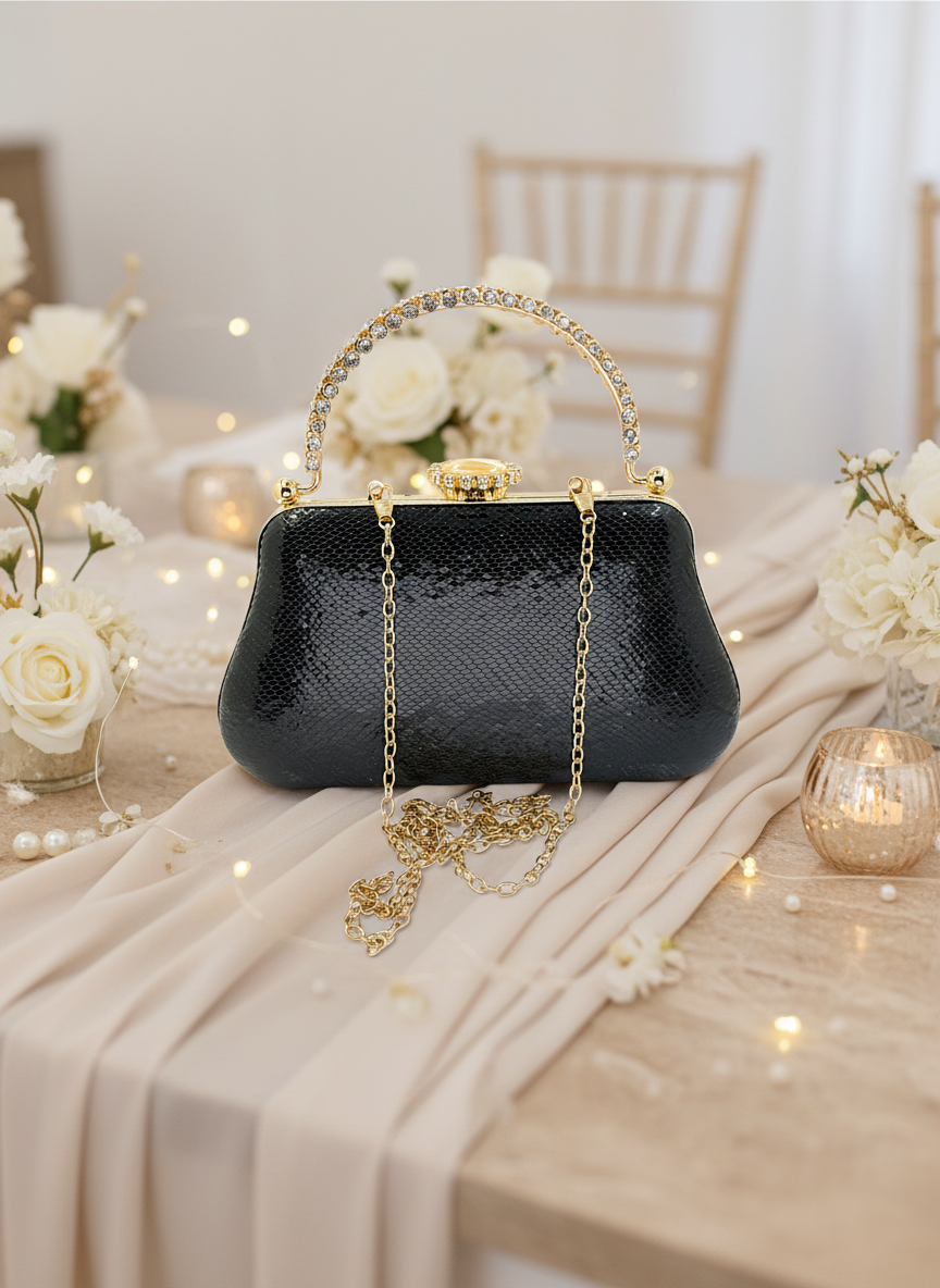 Kristal Desenli Metal Saplı Abiye Çanta | İnci İşlemeli Lüks Gece Clutch ve Düğün Çantası