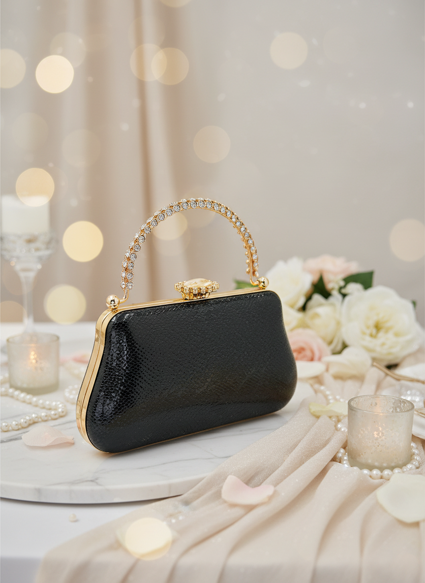 Kristal Desenli Metal Saplı Abiye Çanta | İnci İşlemeli Lüks Gece Clutch ve Düğün Çantası