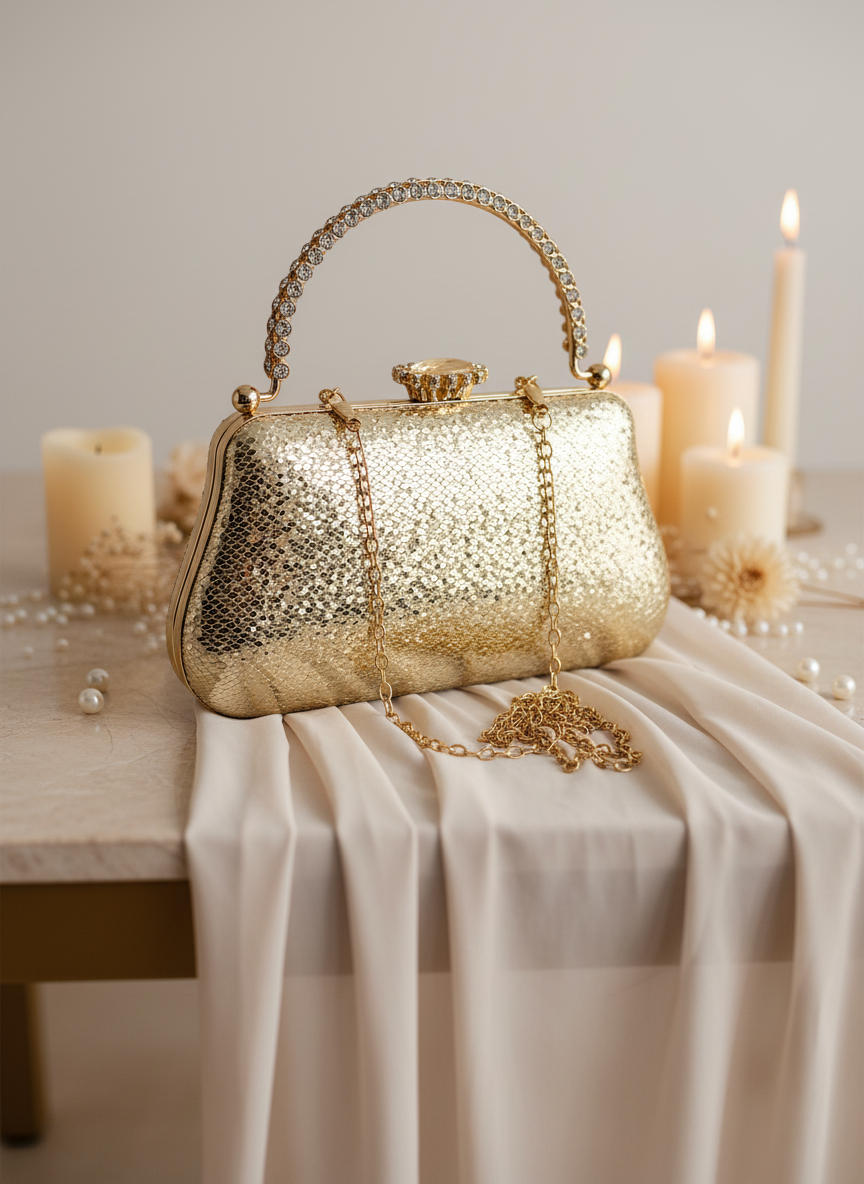 Kristal Desenli Metal Saplı Abiye Çanta | İnci İşlemeli Lüks Gece Clutch ve Düğün Çantası