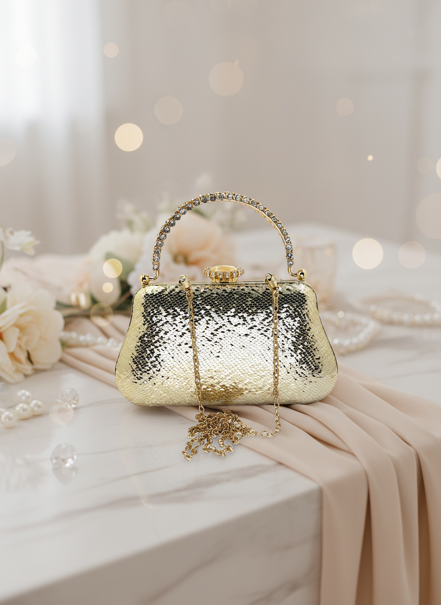 Kristal Desenli Metal Saplı Abiye Çanta | İnci İşlemeli Lüks Gece Clutch ve Düğün Çantası