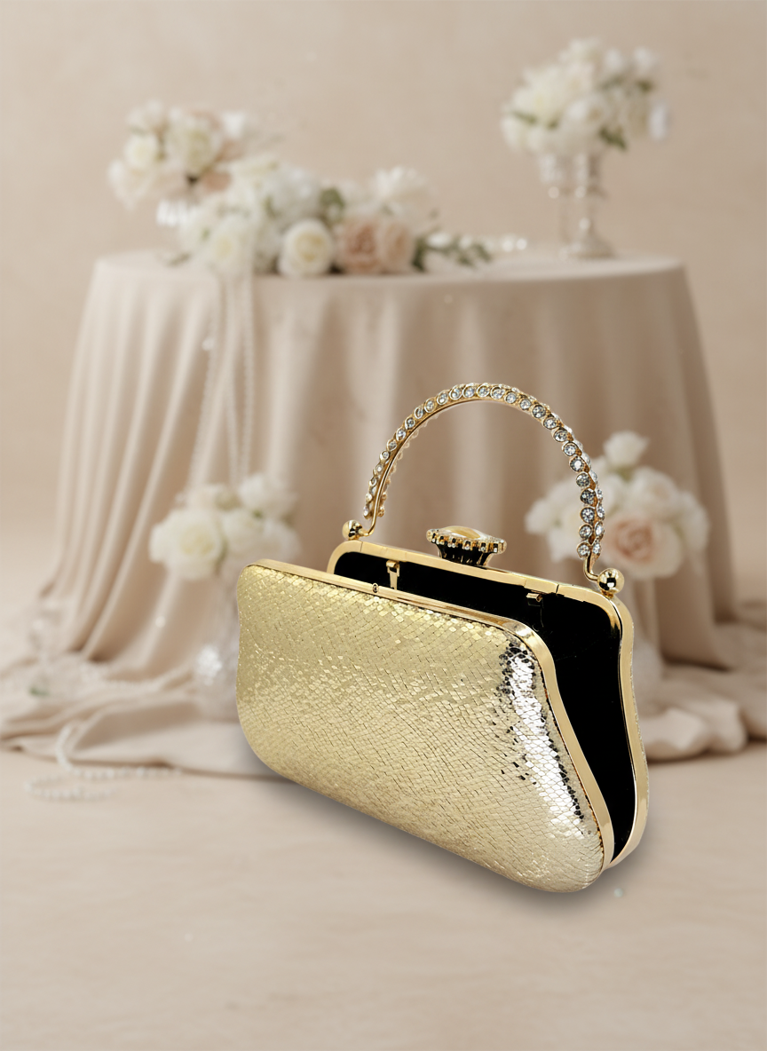 Kristal Desenli Metal Saplı Abiye Çanta | İnci İşlemeli Lüks Gece Clutch ve Düğün Çantası