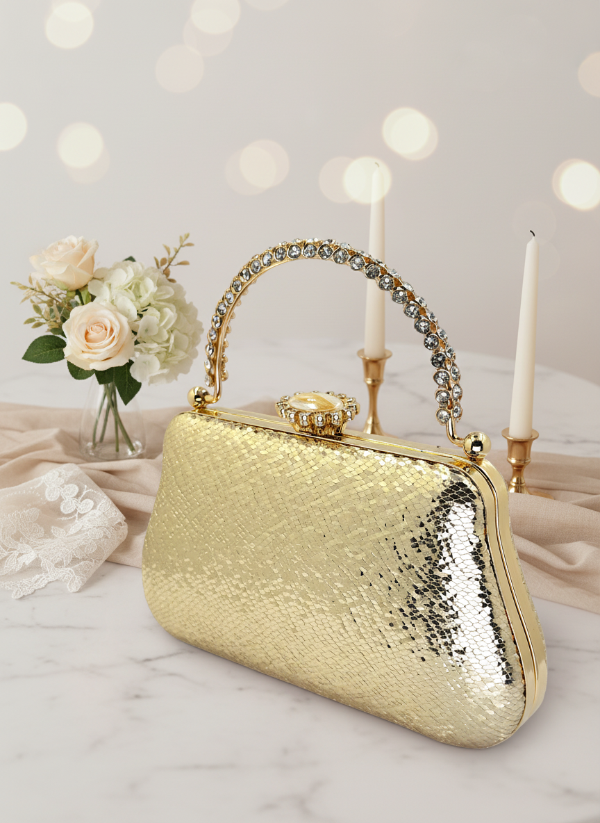 Kristal Desenli Metal Saplı Abiye Çanta | İnci İşlemeli Lüks Gece Clutch ve Düğün Çantası