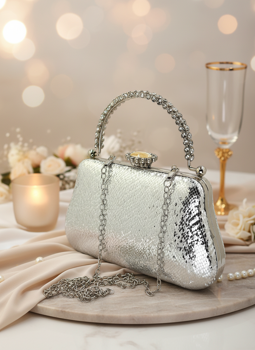 Kristal Desenli Metal Saplı Abiye Çanta | İnci İşlemeli Lüks Gece Clutch ve Düğün Çantası