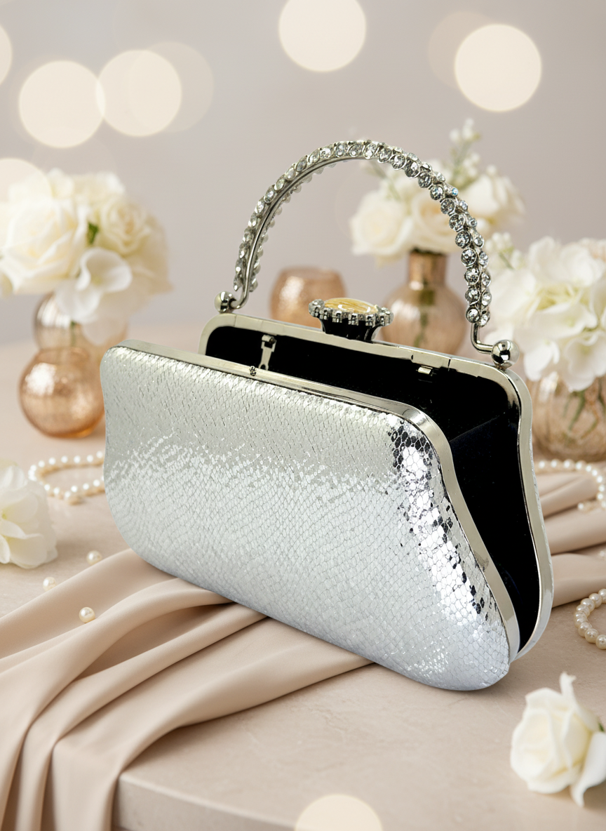 Kristal Desenli Metal Saplı Abiye Çanta | İnci İşlemeli Lüks Gece Clutch ve Düğün Çantası