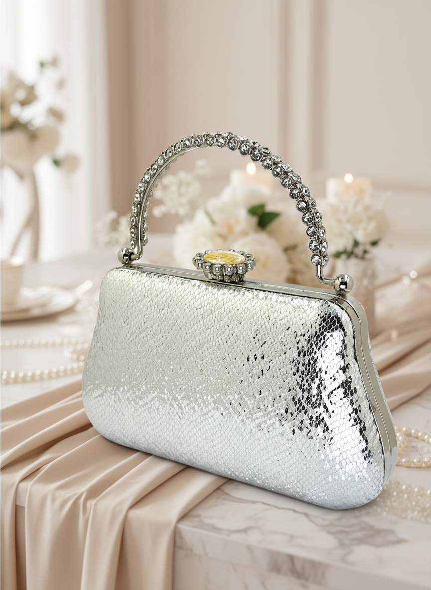 Kristal Desenli Metal Saplı Abiye Çanta | İnci İşlemeli Lüks Gece Clutch ve Düğün Çantası