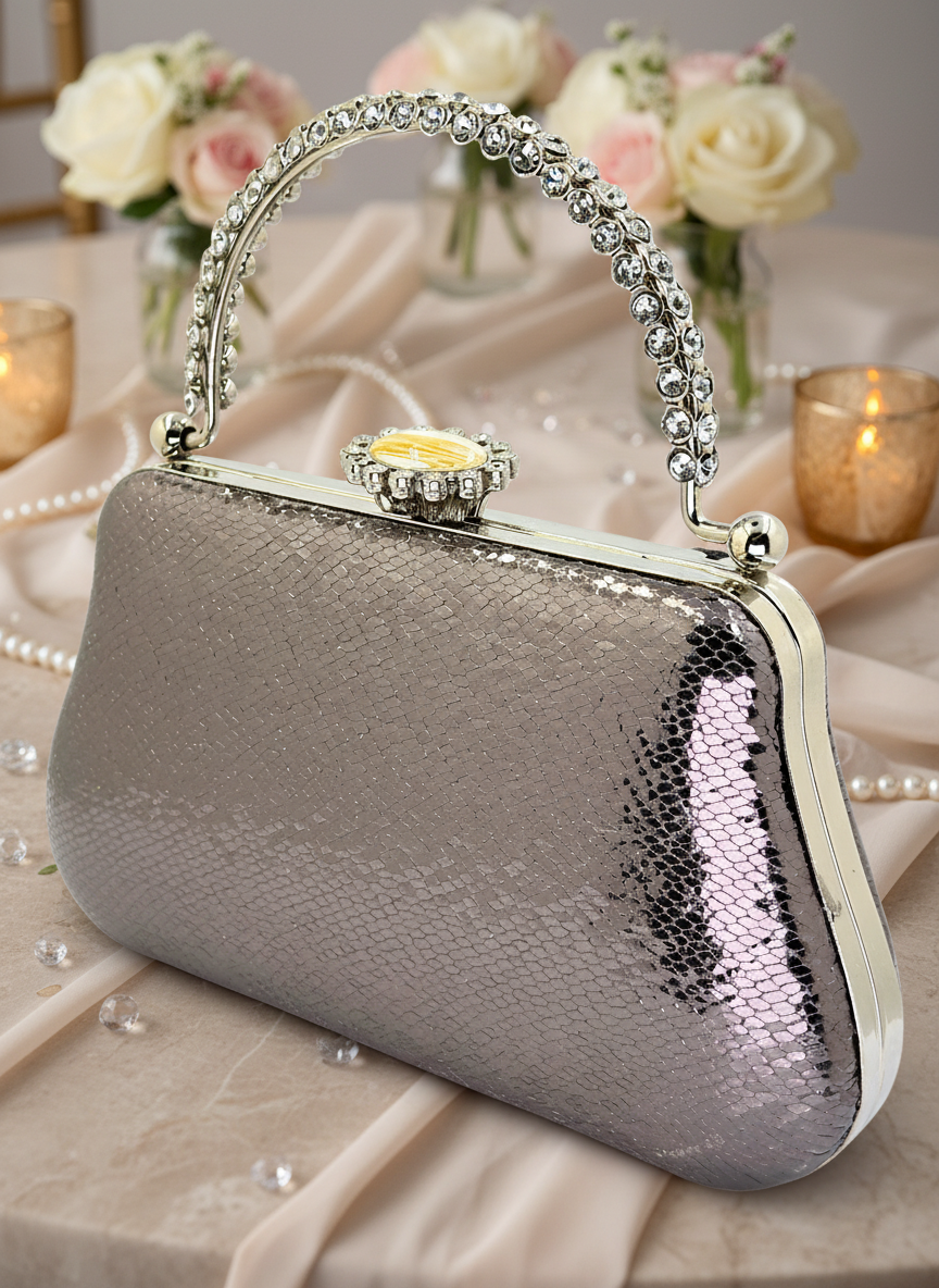 Kristal Desenli Metal Saplı Abiye Çanta | İnci İşlemeli Lüks Gece Clutch ve Düğün Çantası