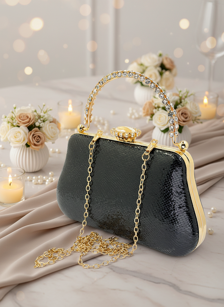 Kristal Desenli Metal Saplı Abiye Çanta | İnci İşlemeli Lüks Gece Clutch ve Düğün Çantası