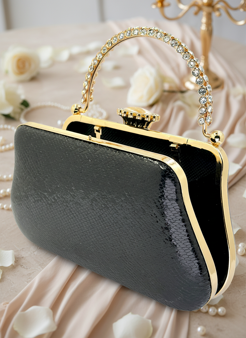 Kristal Desenli Metal Saplı Abiye Çanta | İnci İşlemeli Lüks Gece Clutch ve Düğün Çantası