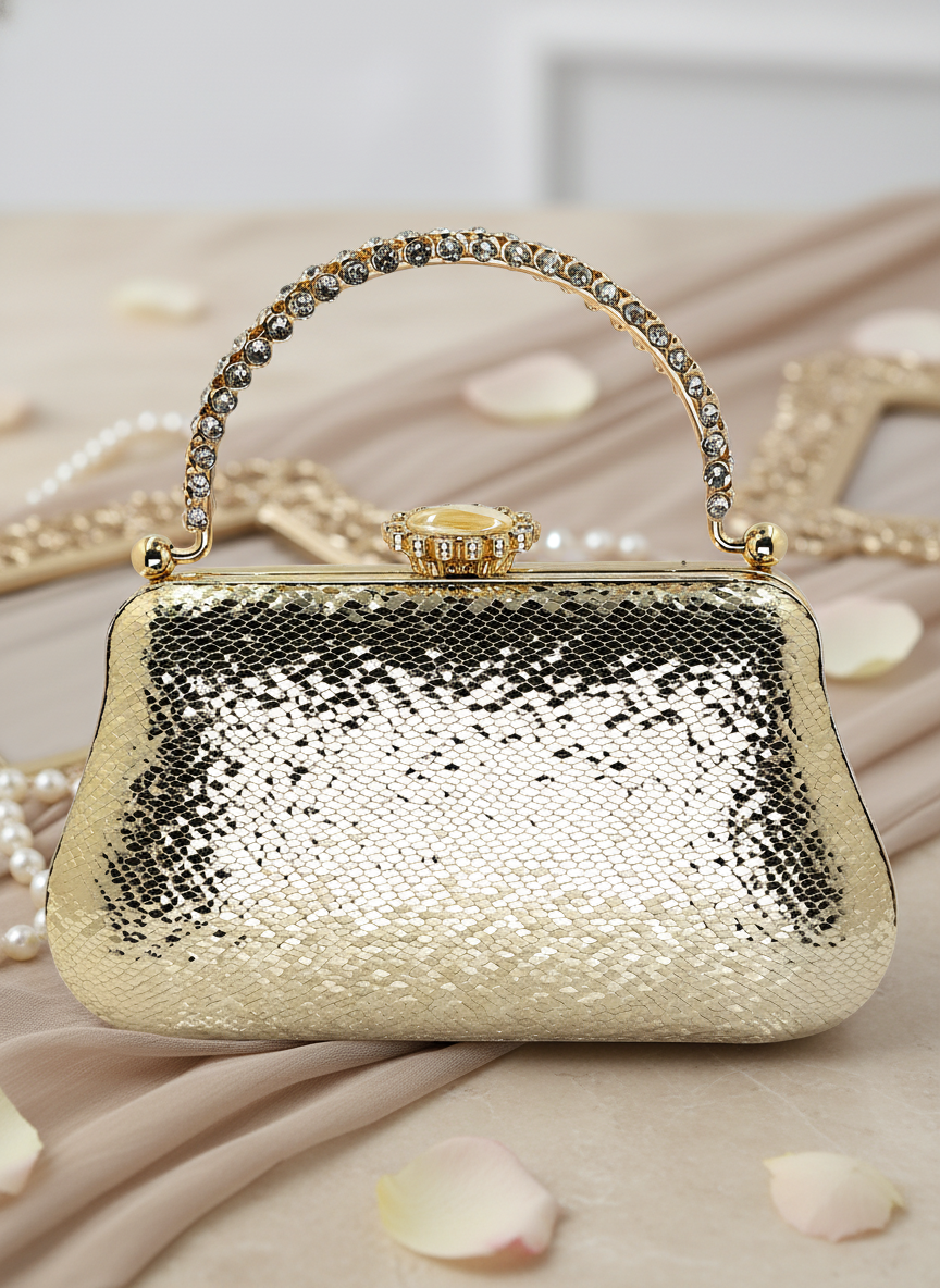 Kristal Desenli Metal Saplı Abiye Çanta | İnci İşlemeli Lüks Gece Clutch ve Düğün Çantası