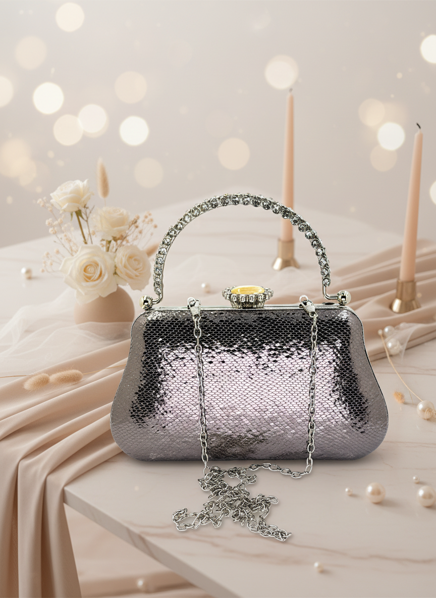 Kristal Desenli Metal Saplı Abiye Çanta | İnci İşlemeli Lüks Gece Clutch ve Düğün Çantası
