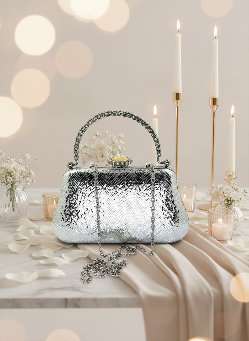 Kristal Desenli Metal Saplı Abiye Çanta | İnci İşlemeli Lüks Gece Clutch ve Düğün Çantası