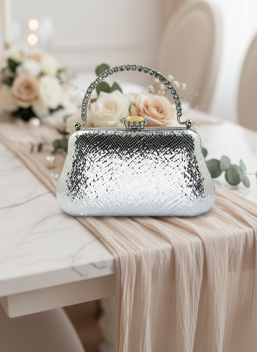 Kristal Desenli Metal Saplı Abiye Çanta | İnci İşlemeli Lüks Gece Clutch ve Düğün Çantası