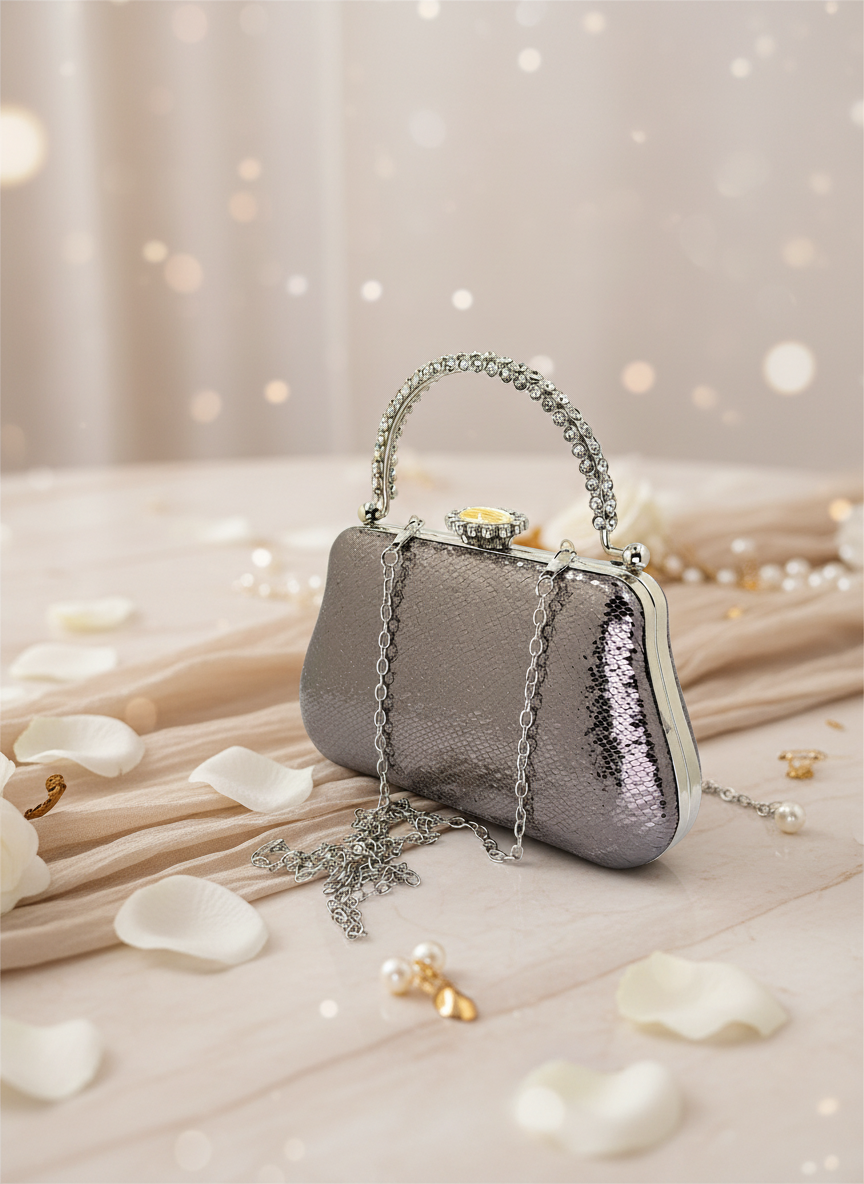 Kristal Desenli Metal Saplı Abiye Çanta | İnci İşlemeli Lüks Gece Clutch ve Düğün Çantası